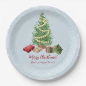 水彩雪のクリスマスツリーとギフト ペーパープレート (正面)