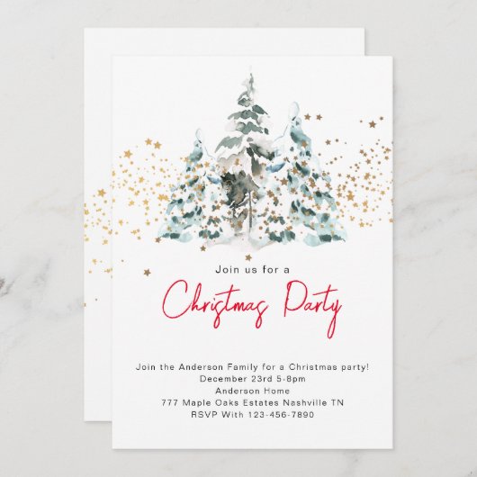 水彩雪のクリスマスツリーパーティの招待状 招待状 (正面/裏面)