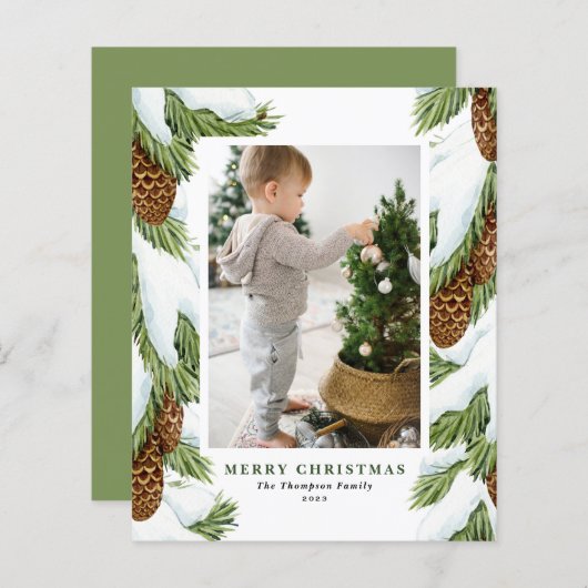 水彩雪のピンコーン写真クリスマスカード (正面/裏面)