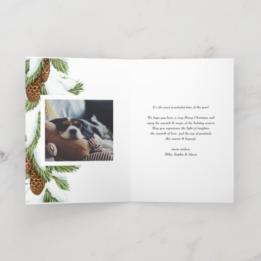水彩雪のピンコーン写真メリークリスマス 箔シーズンカード (内側レイダウン)
