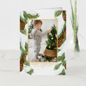 水彩雪のピンコーン写真メリークリスマス 箔シーズンカード (正面)