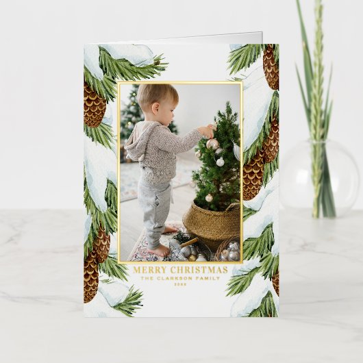 水彩雪のピンコーン写真メリークリスマス 箔シーズンカード (正面)