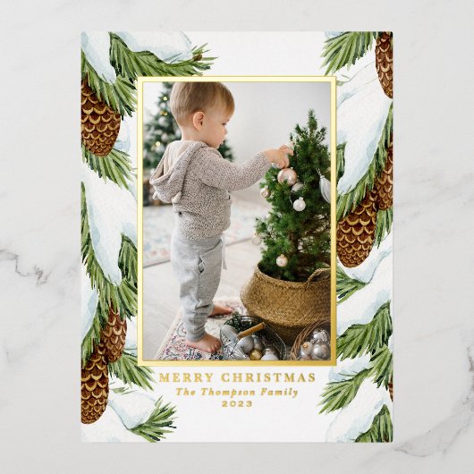水彩雪のピンコーン写真メリークリスマス 箔シーズンポストカード (正面)