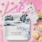 水彩雪の冬の山のエレガント誕生日 ペーパープレート (パーティー)