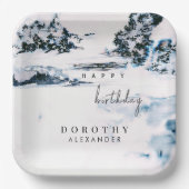 水彩雪の冬の山のエレガント誕生日 ペーパープレート (正面)