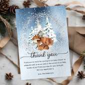 水彩雪の冬の松の木々ベビーママキツネ サンキューカード