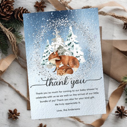 水彩雪の冬の松の木々ベビーママキツネ サンキューカード