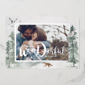 水彩雪の冬の松の木フォトホリデー 箔招待状 (正面)