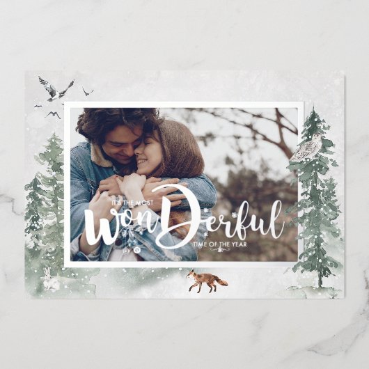 水彩雪の冬の松の木フォトホリデー 箔招待状 (正面)