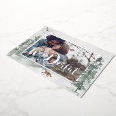 水彩雪の冬の松の木フォトホリデー 箔招待状 (回転した状態)