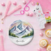 水彩雪の山の風景結婚の ペーパープレート (パーティー)