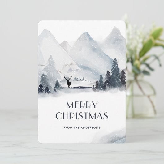 水彩雪の山スタグメリークリスマス シーズンカード (スタンド正面)