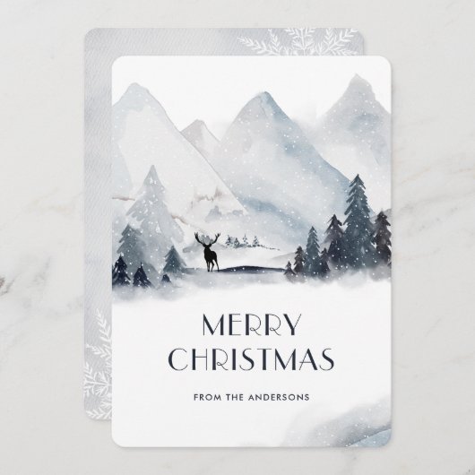 水彩雪の山スタグメリークリスマス シーズンカード (正面/裏面)