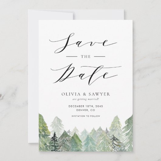 水彩雪の常緑樹林冬の結婚式 セーブザデート (正面)