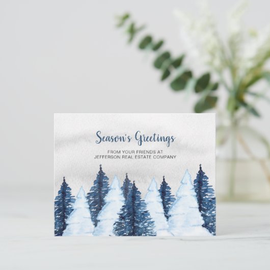 水彩雪の松の木の森の冬ビジネス シーズンポストカード (スタンド正面)
