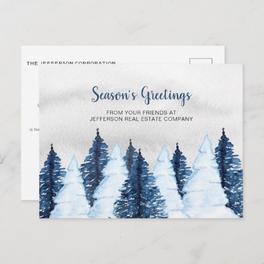 水彩雪の松の木の森の冬ビジネス シーズンポストカード (正面/裏面)