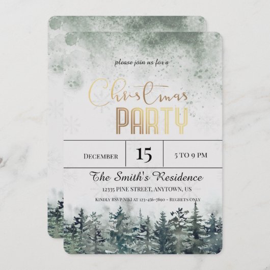 水彩雪の松の森のクリスマス 招待状 (正面/裏面)