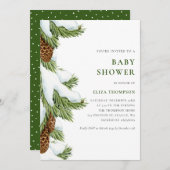 水彩雪の松の針の赤ちゃんシャワー 招待状 (正面/裏面)