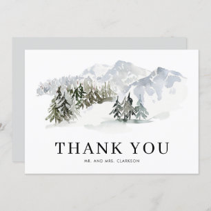 水彩雪の森の森の冬の結婚式 サンキューカード