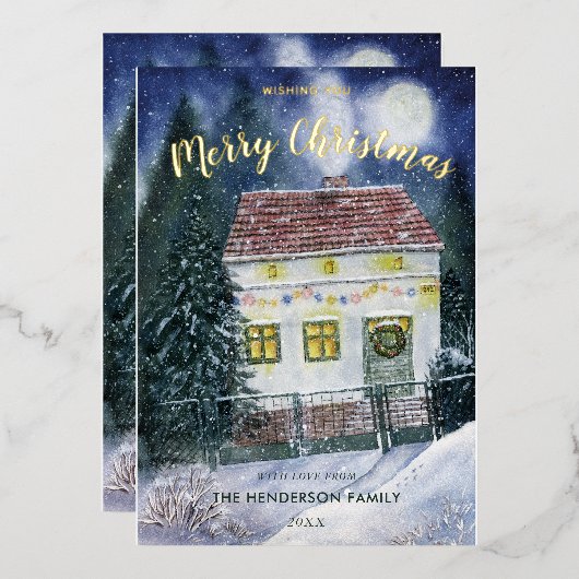 水彩雪カバーフェスティバルコテージ 箔シーズンカード (正面/裏面)