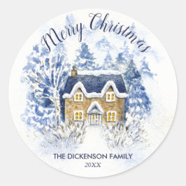 水彩雪カバーヴィンテージコテージクリスマス ラウンドシール