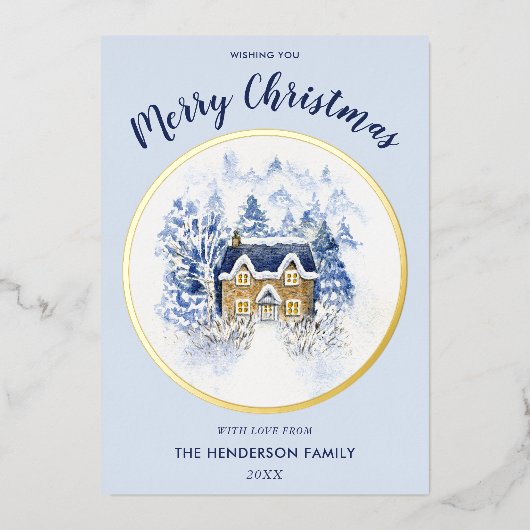 水彩雪カバーヴィンテージコテージ 箔シーズンカード (正面)