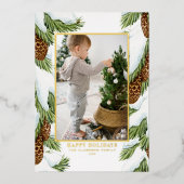 水彩雪ピネコーンハッピーホリデーズフォト 箔シーズンカード (正面)