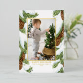 水彩雪ピネコーンハッピーホリデーズフォト 箔シーズンカード (立ち正面)