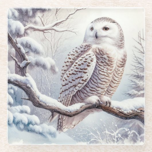 水彩雪フクロウ ガラスコースター (正面)