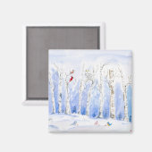 水彩雪フクロウ、鳴鳥、樺の木木 マグネット (正面/裏面)