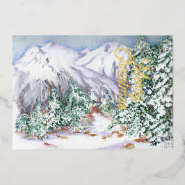 水彩雪山松林 箔シーズンカード