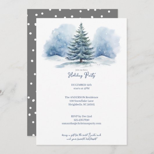 水彩雪景の常緑樹ホリデーパーティー シーズンカード (正面/裏面)