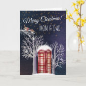 水彩雪景電話ボックスとコウテンチョウのクリスマス カード (黄色い花)