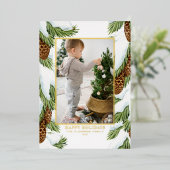 水彩雪松果快乐假期照片 箔シーズンカード (立ち正面)