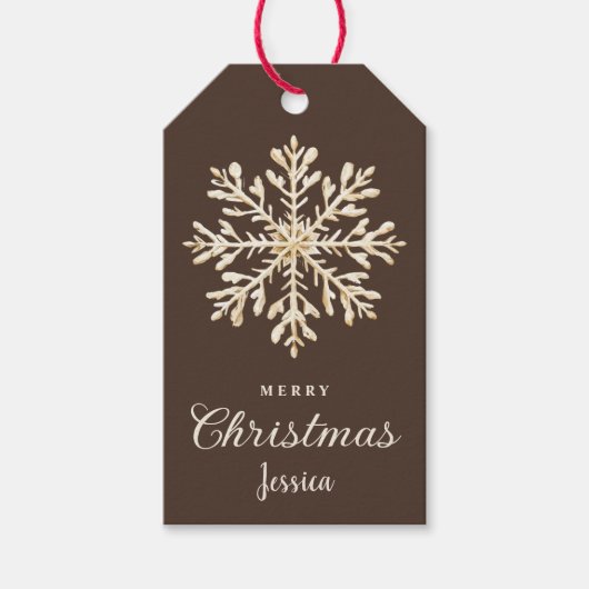 水彩雪片ブラウンカスタムクリスマス ギフトタグ (正面)