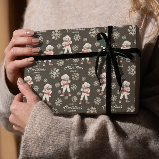 水彩雪片ブラウンプードルドッグクリスマス ラッピングペーパー