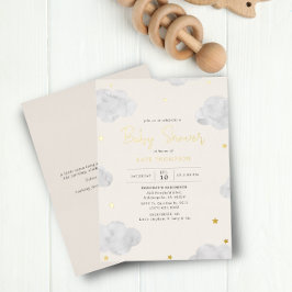 水彩雲クリームニュートラルベビーシャワー金ゴールド 箔招待状