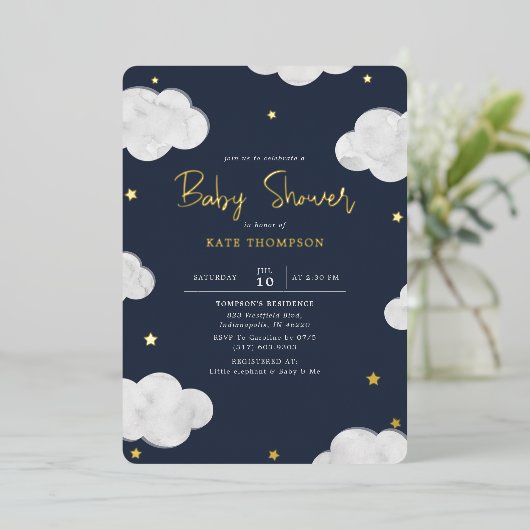 水彩雲ダークブルーボーイベビーシャワー金ゴールド 箔招待状 (立ち正面)