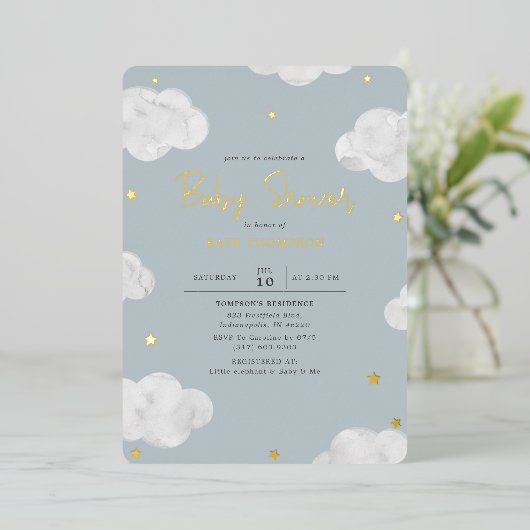 水彩雲ブルーグレーボーイベビーシャワー金ゴールド 箔招待状 (立ち正面)