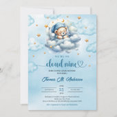 水彩雲9テディベア男の子の赤ちゃんシャワー 招待状 (正面)