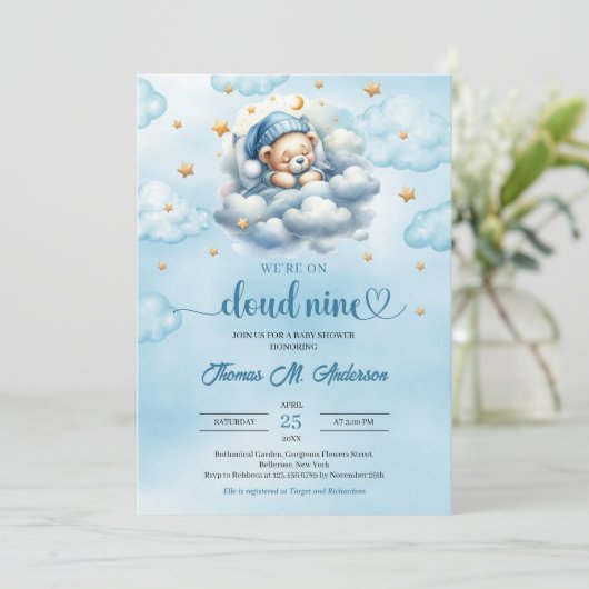 水彩雲9テディベア男の子の赤ちゃんシャワー 招待状 (スタンド正面)