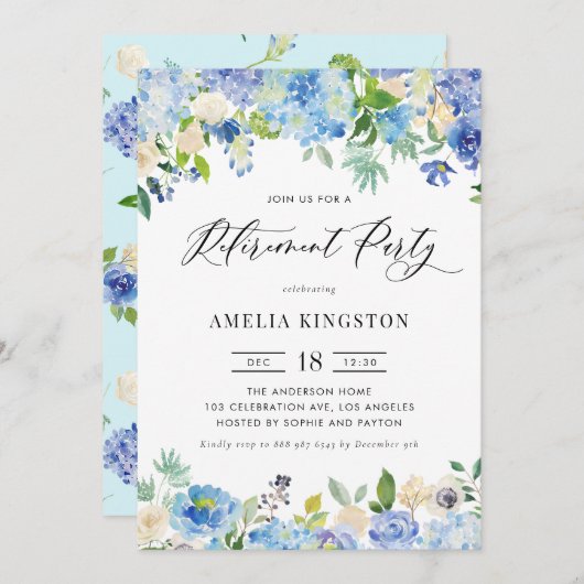 水彩青あじさいガーランドリタイアメントパーティー 招待状 (正面/裏面)