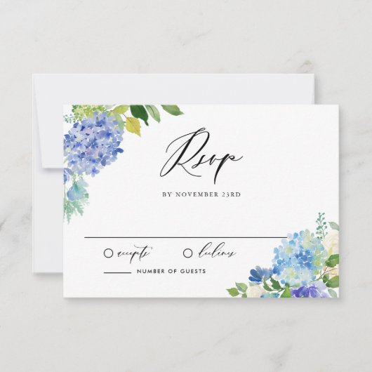 水彩青あじさいブーケ結婚ス 出欠カード (正面)