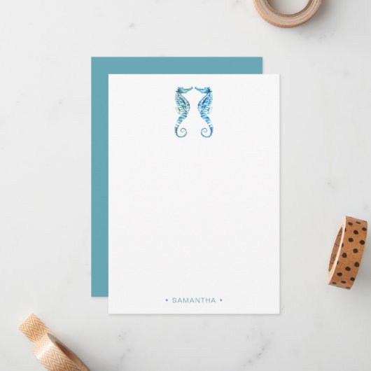 水彩青いタツノオトシゴオーダーメイド ノートカード (正面/裏面インサイチュ)