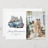 水彩青いトラック写真メリークリスマスカード シーズンカード (正面/裏面)