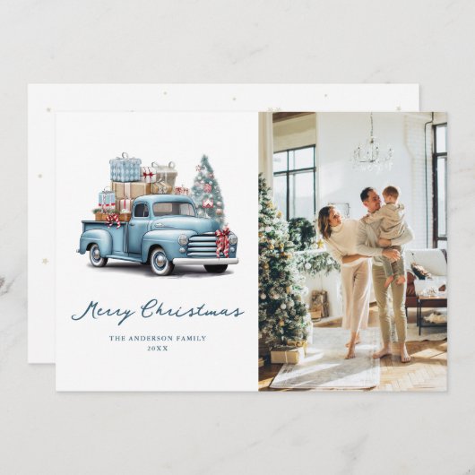 水彩青いトラック写真メリークリスマスカード シーズンカード (正面/裏面)