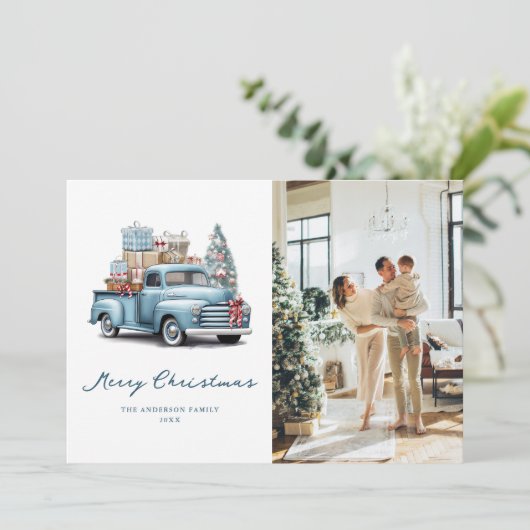 水彩青いトラック写真メリークリスマスカード シーズンカード (スタンド正面)