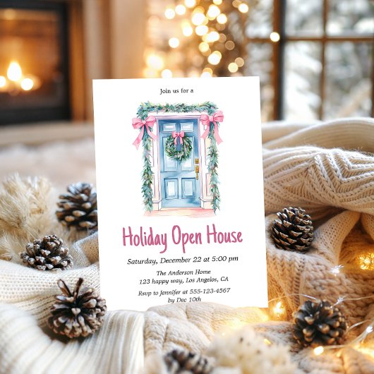 水彩青いドアのホリデーオープンハウス クリスマス 招待状