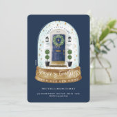 水彩青いドア雪のグローブ新しいホームフォト シーズンカード (スタンド正面)