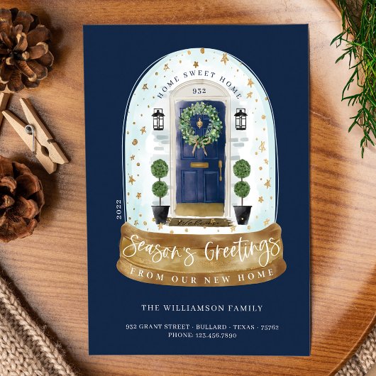 水彩青いドア雪のグローブ新しいホームフォト シーズンカード